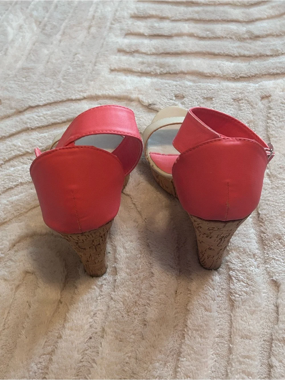 Coral and Cream Ankle-Strap Wedge Sandals Wedges Sz 6